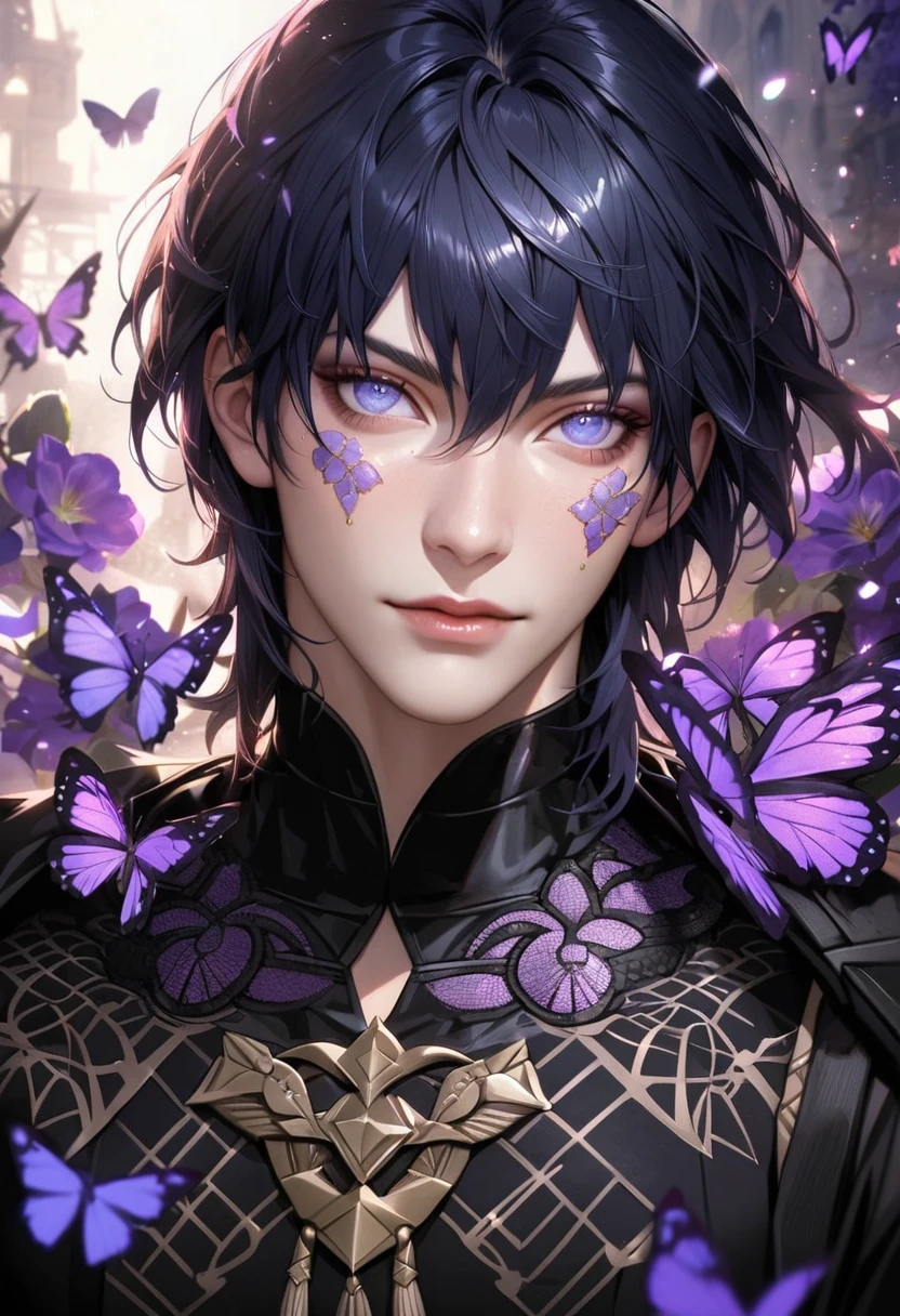 Ultra detailed, Highres, absurdres, Byleth, dark blue hair, short hair, blue eyes, black clothes with patterns, Fire Emblem three houses, purple flowers, petals, extremely handsome, sexy man, solo, very detailed eyes and face, purple butterflies, black tight t-shirt, realistic face, purple eyes, glittering