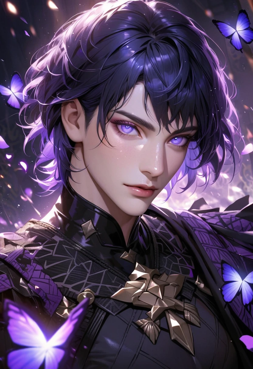 Ultra detailed, Highres, absurdres, Byleth, dark blue hair, short hair, blue eyes, black clothes with patterns, Fire Emblem three houses, purple flowers, petals, extremely handsome, sexy man, solo, very detailed eyes and face, purple butterflies, black tight t-shirt, realistic face, purple eyes, glittering