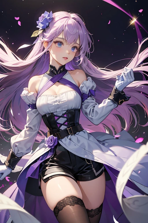 (High Detail:1.2) Anime Girl, Pink Hair, (Cinematic Lighting, Delicate Colors), (Purple Lightning:1.2), Lighting Calm, Wind, Fog. Turquoise, delta tones.