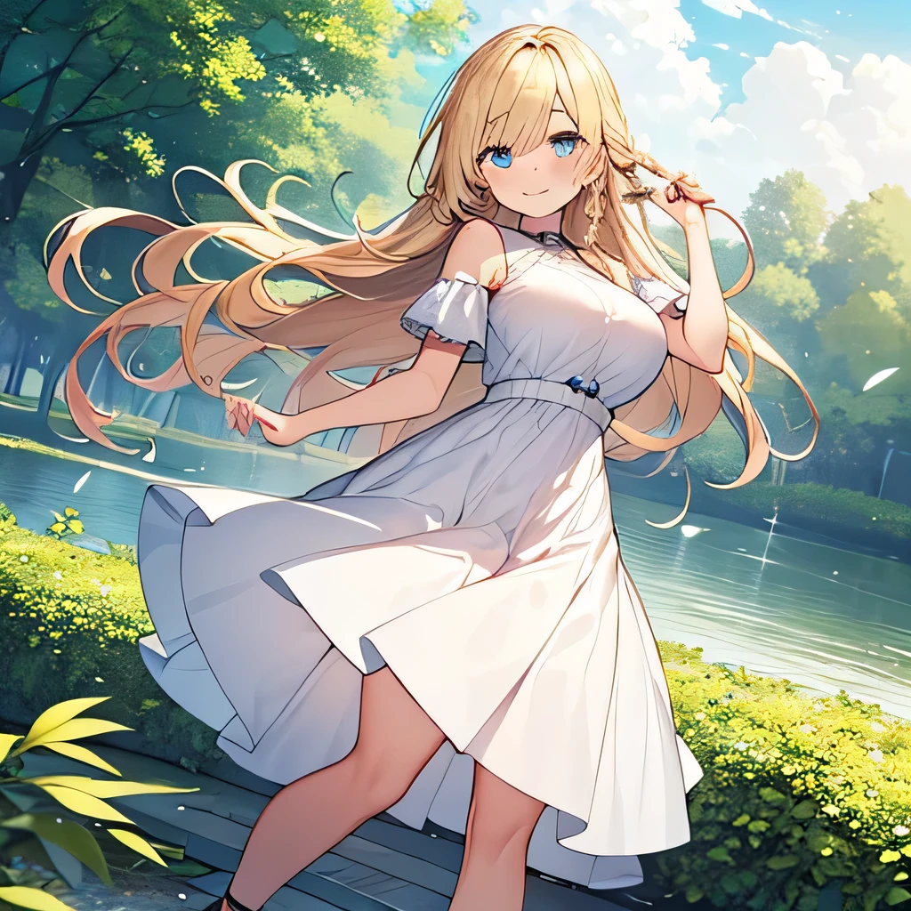 Tabletop, highest quality,shape, wallpaper, Very detailed, Absurd beauty、1 beautiful girl、 (Long Hair、Braided hair、blonde、Ample breasts), Very detailed beautiful eyes , Hair blowing in the wind、Keep your head small、whole body、White dress、Wearing heeled sandals、Lakeside、great outdoors、Fresh greenery、A big smile