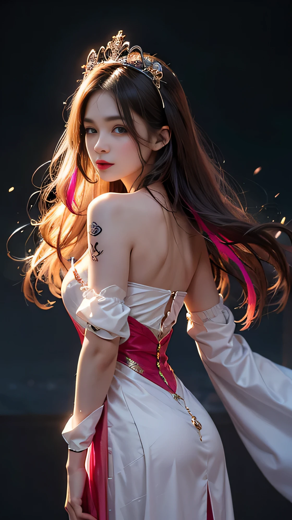 Portrait of a 21 year old saint,Charming adult saint in a long dress made of thin silk, beautiful saint with an old face, adult, She is wearing a bright pink colorful dress:1.5, beautiful face without blemishes, ((7 hair length colors:1.2)), big crown, hair brooch, Hanfu dress, Ancient Chinese style, whole body jewelry, forehead tattoo, face tattoo,very even breasts, face, innocent face, The most beautiful and delicate light red lipstick, ((thin and plump lips:0.3)), ((golden eyes color:0.6)), Detailed and delicate lighting effects, Light and Darkness, dramatic lighting, magical lights, highly detailed lighting, natural color, very sharp, realistic, 8K quality, Fantasy space setting, A space of saints and magic, The most detailed images, ((alone:0.3)), ((to the saints:0.6)), ((Staring straight at saint'upper body:0.4)), ((soft skin:0.5)), ((saint'veil:0.6)),Tattoo , Face tattoo,Oiran , clothes made of jewels , Cherry Blossom , 🌸 , grassland ,whole body, breast exposure, Leg exposure,Show me your legs, Squatting, cross one's legs,touch my chest