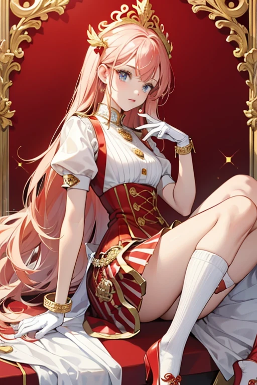 outfit consists of red shoes, white socks, a red sarafan (decorated with two horizontal stripes, one gold and one white, and an ornate vertical decoration), and white bracelets around her gloves' cuffs. SPARKLE; GLITTER