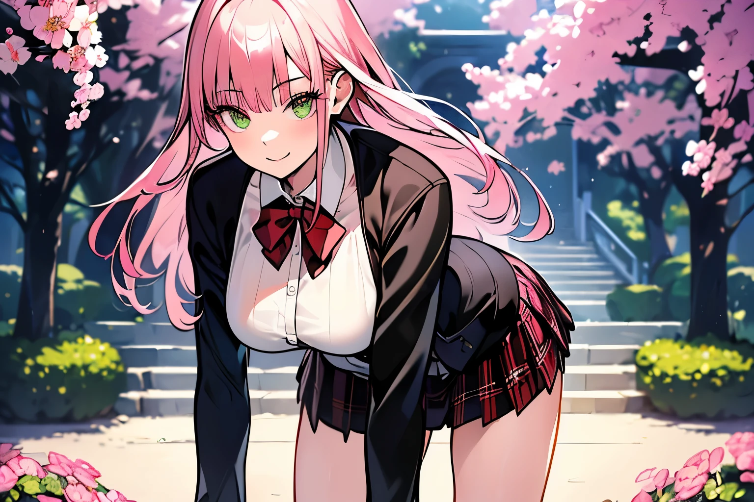 (masterpiece:1.3, top-quality), ultra high res, ultra detailed, (realistic, photorealistic:1.4), beautiful illustration, perfect lighting, colorful, depth of fields, surrealism, 
upper body, (front view), full body, dynamic angle, 
beautiful hair, beautiful face, extremely detailed face, beautiful detailed eyes, beautiful clavicle, beautiful body, beautiful chest, beautiful thigh, beautiful legs, beautiful hands, 
looking at viewer, 1 girl, japanese, high school girl, (perfect ???????, anatomically correct, super detailed skin), cute and symmetrical face, babyface, perfect face, perfect eyes, perfect body, 
(long hair:1.8, straight hair:1.7, light pink hair), parted bangs, emerald green eyes, long eyelashes, (large breasts, wide hips, seductive thighs, skindentation), shiny skin, slender, 
((detailed cloth texture, red bow tie, black jacket, open jacket, brown cardigan, white shirt, black skirt, plaid skirts)), 
(beautiful scenery), morning, (flower garden, cherry blossom, small pond), (wariza), (seductive smile:1.2, upper grade), 
(looking up from the bottom of the stairs), very embarrassing panic smile, turned around, (bending forward:1.4), (reaching :1.5), 