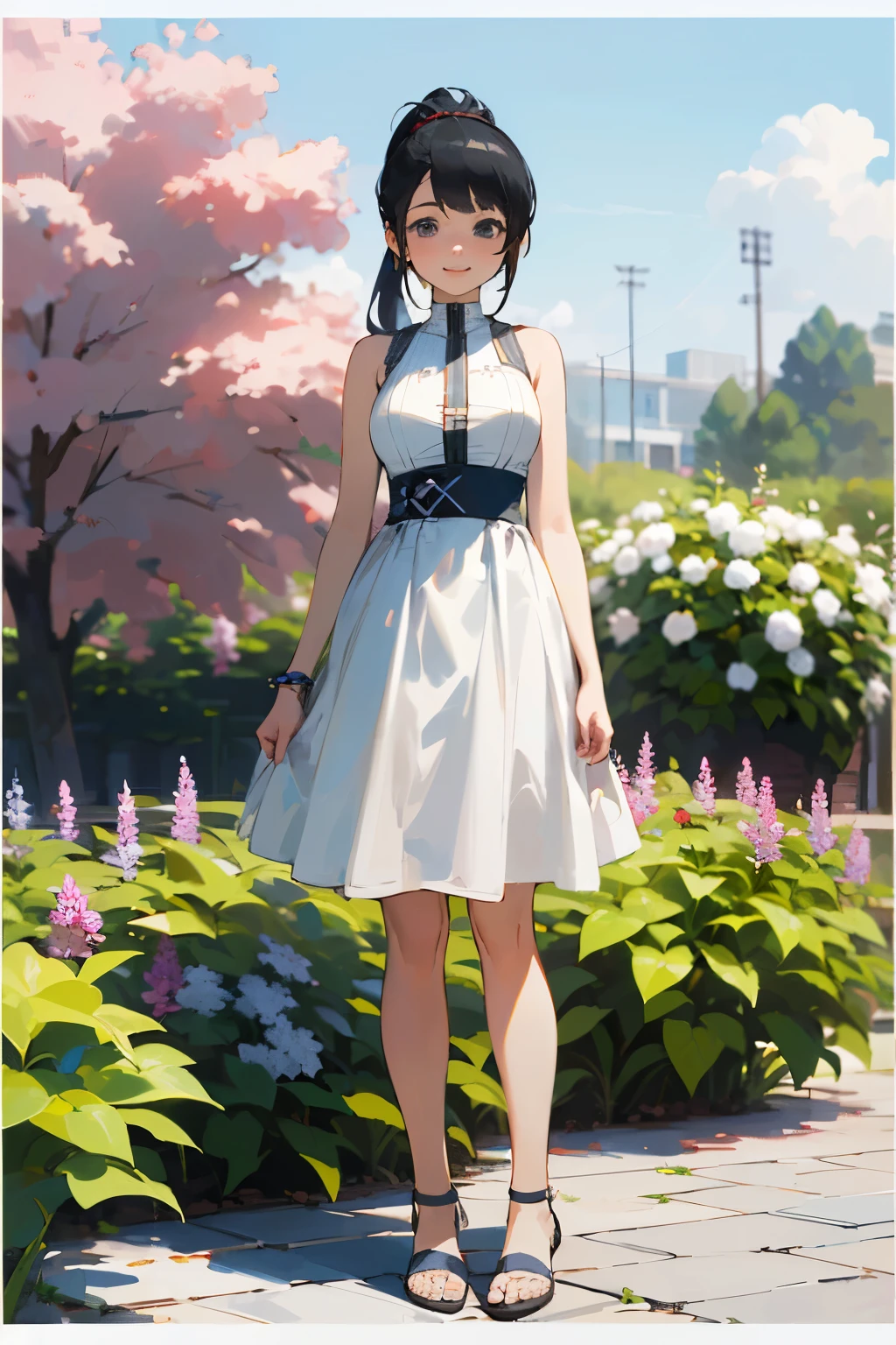 (high quality, High resolution, Very detailed, reality:1.37), Peaceful atmosphere, (Outdoor, garden), Teenage girl standing alone, (my breasts are big.), Beautiful details, Cute Smile, (Black hair ponytail), White sleeveless dress, Sandals.