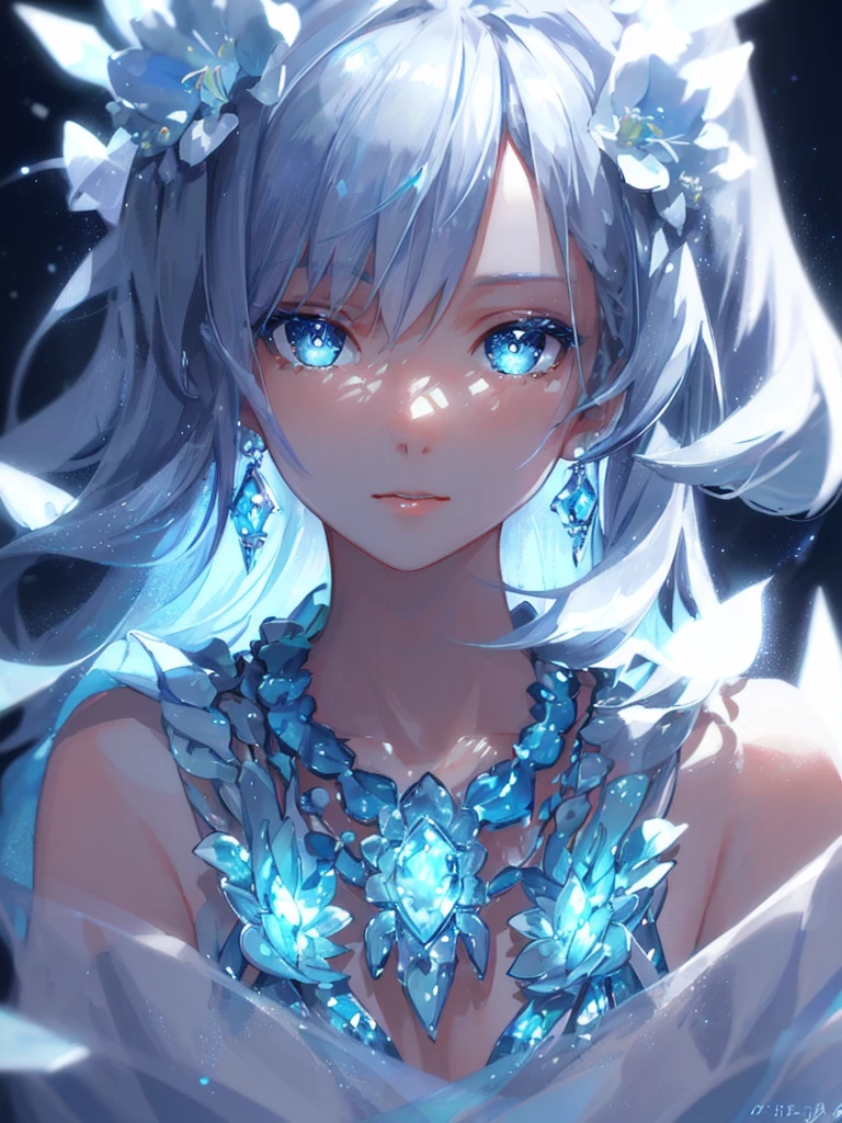 masterpiece, best quality, illustration, sax blue, platinum earrings, platinum necklace, white dress, 1girl, cute, (dynamic lighting:1.2), cinematic lighting, delicate facial features, detailed eyes, sharp pupils, realistic pupils, depth of field, bokeh, sharp focus, (hyper-detailed, bloom, glow:1.4), many small gems