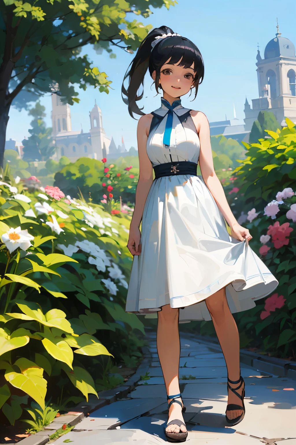 (high quality, High resolution, Very detailed, reality:1.37), Peaceful atmosphere, (Outdoor, garden), Teenage girl standing alone, (my breasts are big.), Beautiful details, Cute Smile, (Black hair ponytail), White sleeveless dress, Sandals.