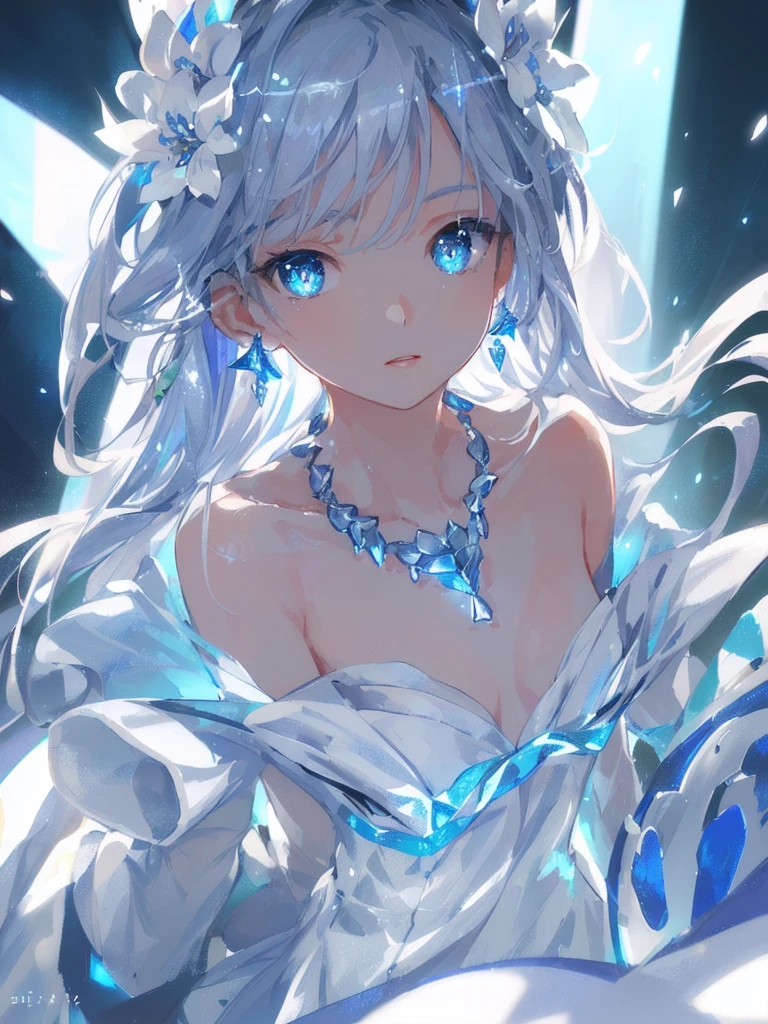 masterpiece, best quality, illustration, sax blue, platinum earrings, platinum necklace, white dress, 1girl, cute, (dynamic lighting:1.2), cinematic lighting, delicate facial features, detailed eyes, sharp pupils, realistic pupils, depth of field, bokeh, sharp focus, (hyper-detailed, bloom, glow:1.4), many small gems