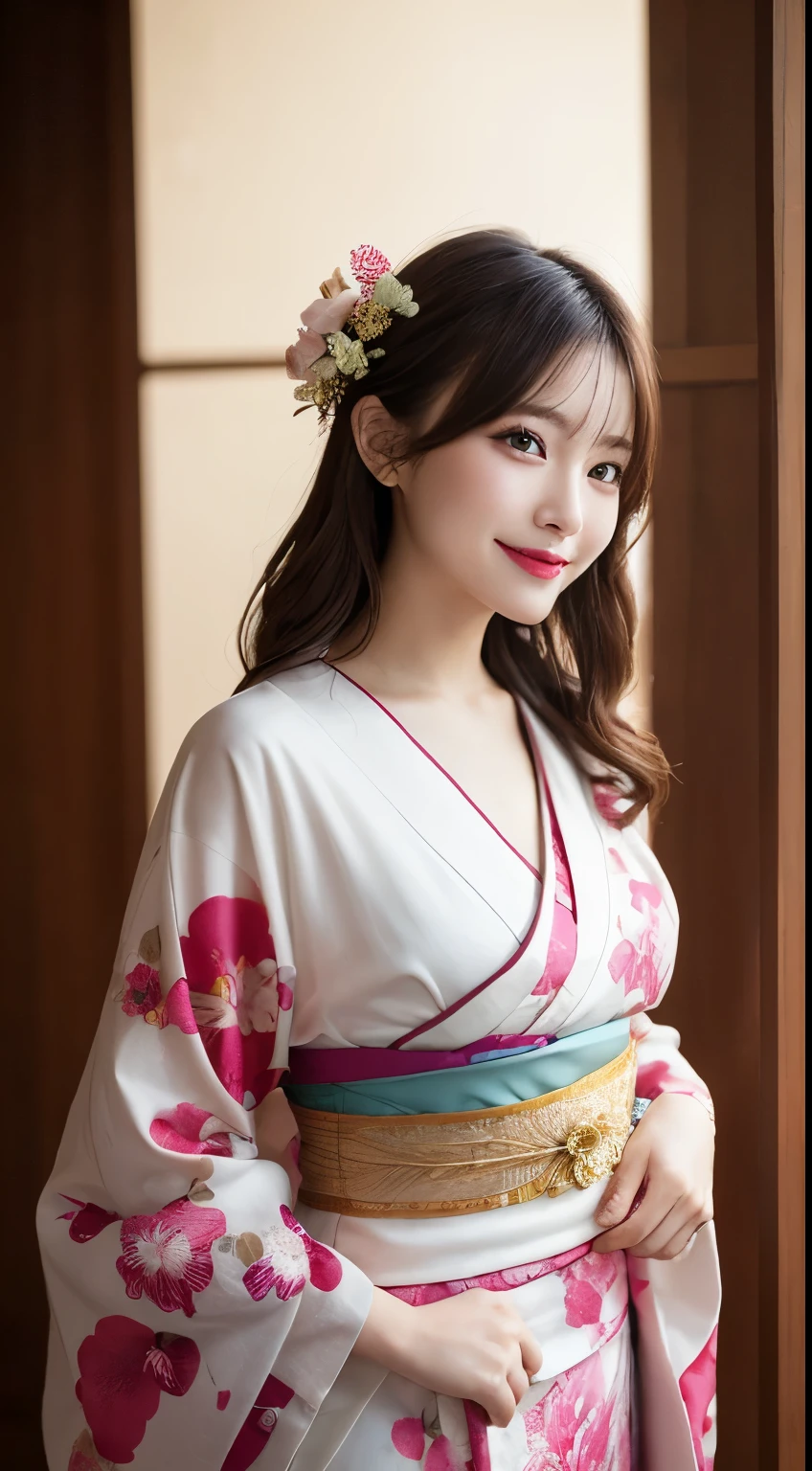 Tabletop, highest quality, figure, Very detailed, In detail, High resolution, 8k wallpaper, Perfect dynamic composition, Beautiful fine details, kimono,Medium Hair, Center of chest, Natural color lip, Random sexy poses,smile,Morning Shrine，Flower Hair Ornaments，whole body，