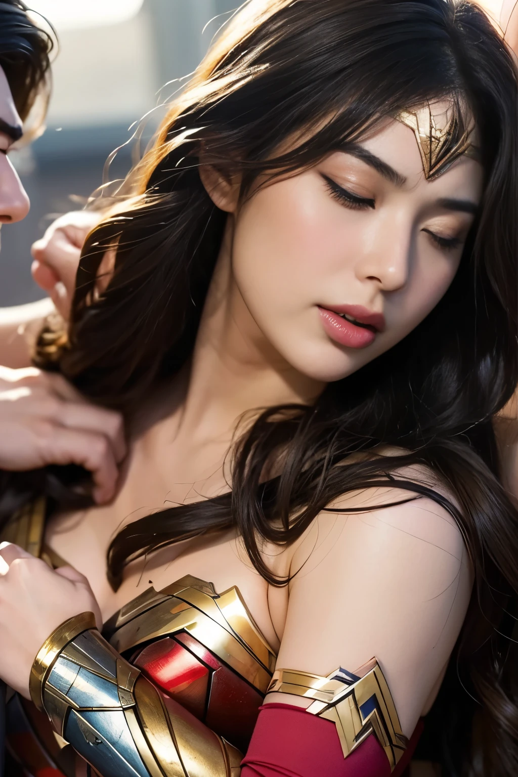 From the front,私はWonder Womanです、完璧なWonder Womanの衣装，From the frontハグ,お姫様Hugged,Hugged,Being strangled,You can hold it，Leaning on the man，Hugged，Can be lifted，Men lick my face with their tongues,The guys lick my head with their tongues,Men lick my hair with their tongues,My body is licked by men,sleeping face,Close ~ eyes,Open your mouth,Tired face,Face of Suffering,sleeping face,Being slapped in the face,Getting punched in the face,Fighting with men,Fight with the men,Surrounded by men,,Caught between the men,Being held back by men,Entanglement with males, Attacked by men,Brown Hair,  masterpiece、beautiful girl、fine 目、puffy eyes、highest quality, 超High resolution, (reality: 1.4), Cinema Lighting,so beautiful、Beautiful Skin、(超reality的な)、(High resolution)、(8k)、(Very detailed)、(beautiful and fine 目)、(Very detailed)、 Detailed face、Diagonal bangle hair、Brown Hair、20-year-old、Wonder Womanのコスプレ，Wonder Woman