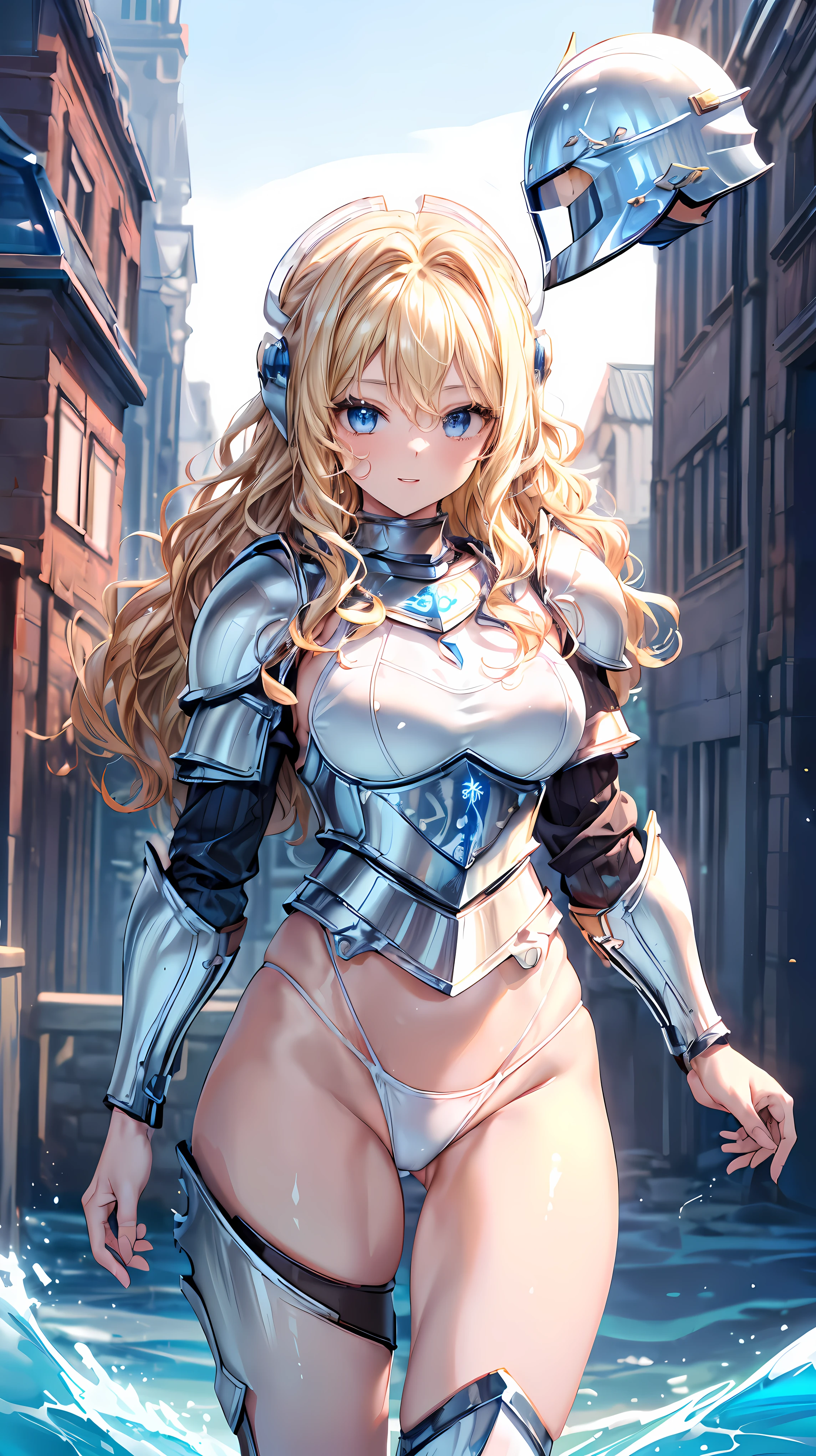 (Adult women:1.5)、Very detailed、highest quality、Best image quality、masterpiece、8k、Anime Face、A kind smile、Open your mouth、Sparkling blue eyes、(Blonde Wavy Hair:1.5)、、Muscles of the whole body、T-back thong、Thigh belt、(Wearing white bikini armor:1.5)、(Cowboy Shot:1.5)、(Leg armor:1.5)、(Wearing a helmet:1.5)