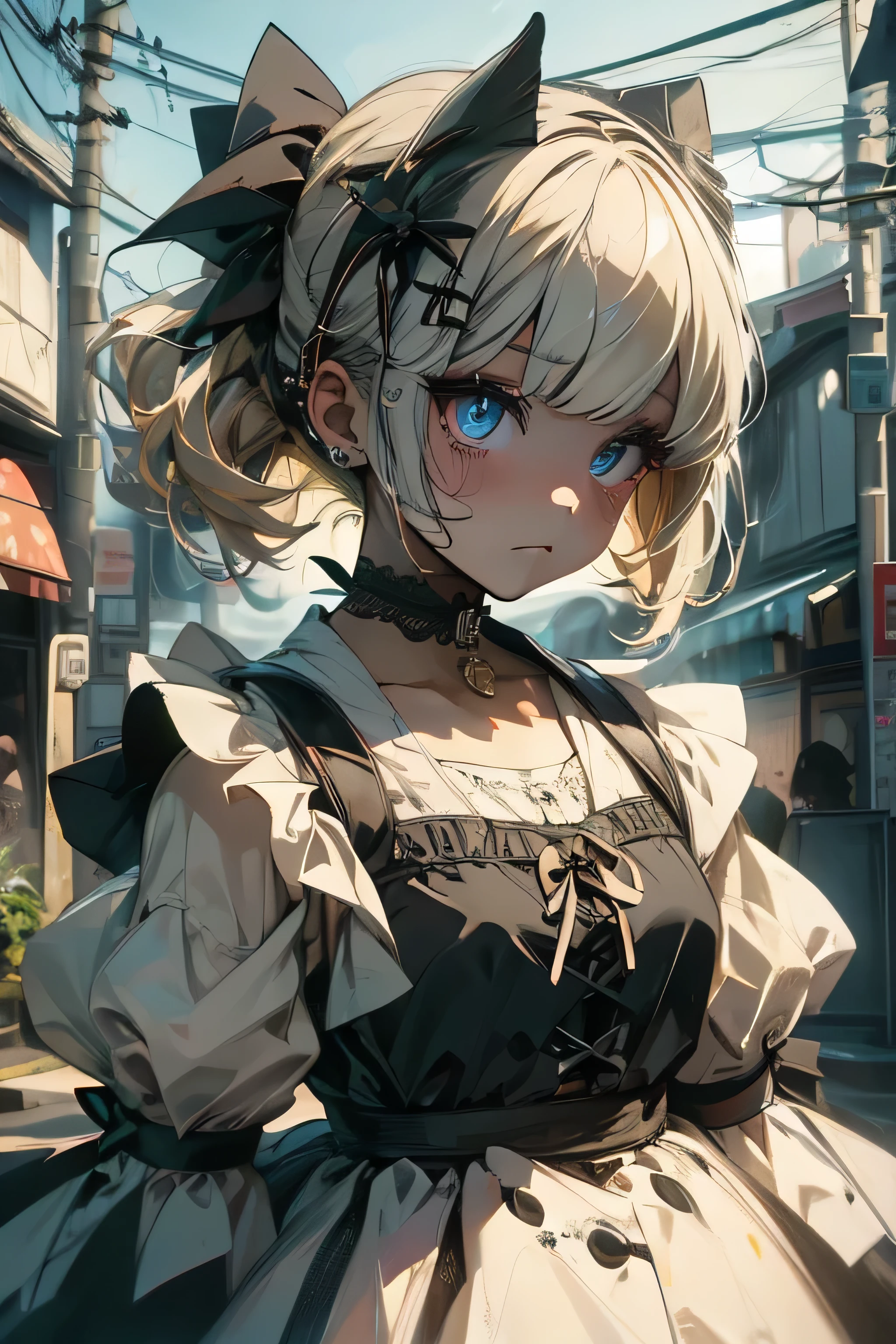 (masterpiece:1.2), (highest quality:1.2), Perfect Eyes, Perfect Face, Perfect lighting, One girl,bob, Complicated hairstyle, compensate, Black Lips, Thick eyelashes, sad, melancholy, Dressed as a goth girl, Black and white dress, Frills, ribbon, Puffy sleeves, Exposing shoulders, Lace choker, Beautiful Landscape,skirt lift,from below,Blonde Hair,Assault rifle,doll,doll,doll