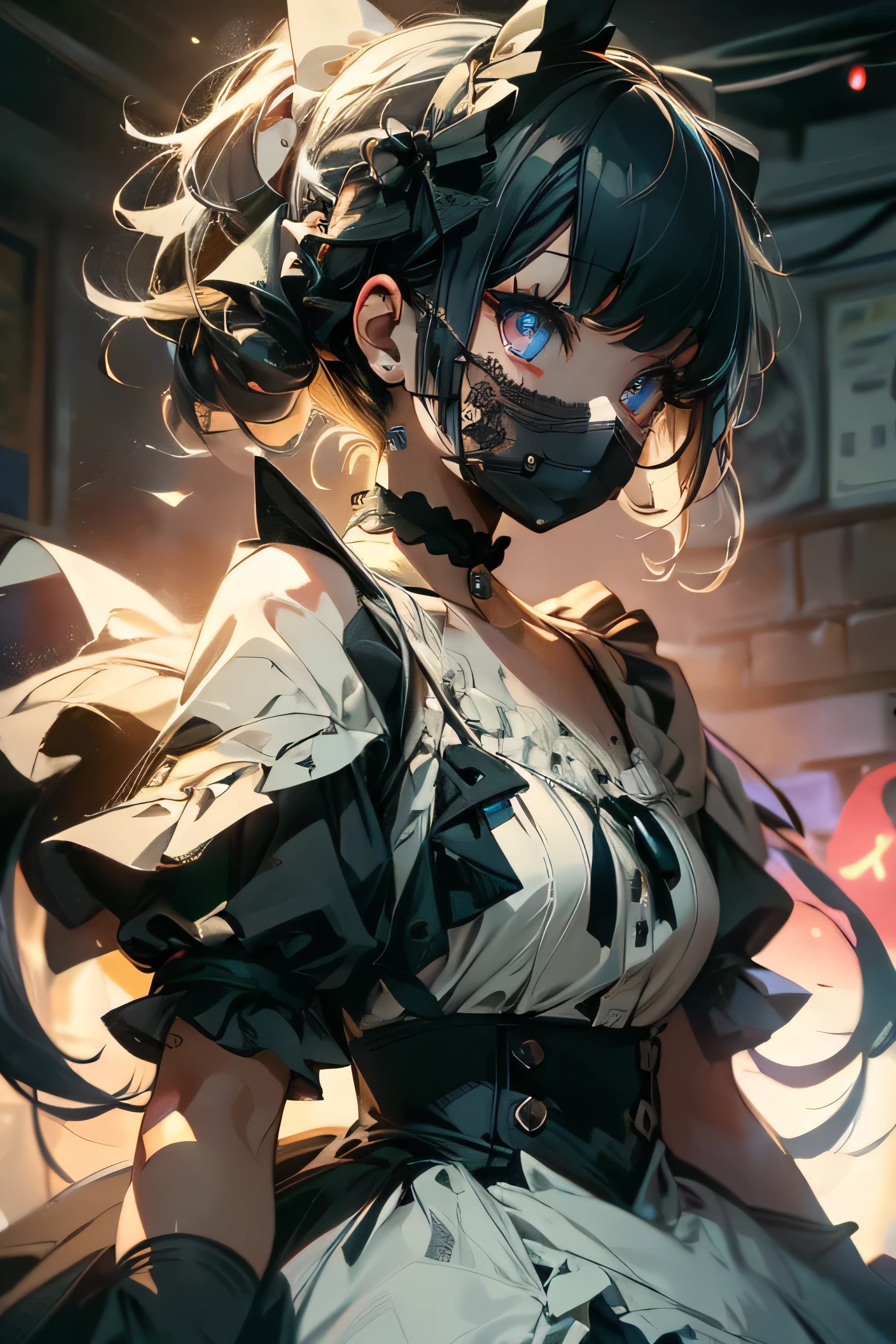 (masterpiece:1.2), (highest quality:1.2), Perfect Eyes, Perfect Face, Perfect lighting, One girl,bob, Complicated hairstyle, compensate, Black Lips, Thick eyelashes, sad, melancholy, Dressed as a goth girl, Black and white dress, Frills, ribbon, Puffy sleeves, Exposing shoulders, Lace choker, Beautiful Landscape,skirt lift,from below,Blonde Hair,Assault rifle,doll,doll,doll,clow