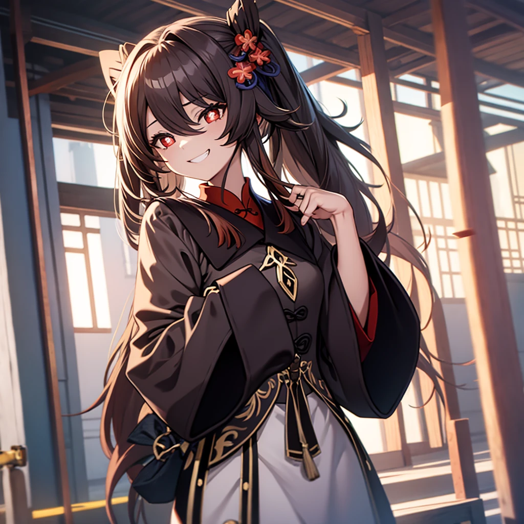 (highest quality), (masterpiece), ((beautiful:0.75) pretty girl:0.75), [Clear and clean] Pixiv (figure), (Hu Tao/(Genshin Impact/)), Red eyes, Flower-like pupils, Have, Long brown hair, bangs, Twin tails, Chinese clothing, Black shorts, Wide sleeves, Grin, Light blue dress, View, Smile at me, kind, sympathy, beautiful, He loves me wholeheartedly