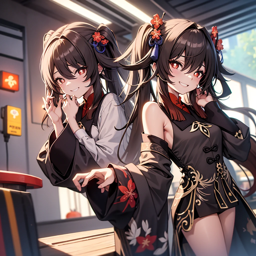 (highest quality), (masterpiece), ((beautiful:0.75) pretty girl:0.75), [Clear and clean] Pixiv (figure), (Hu Tao/(Genshin Impact/)), Red eyes, Flower-like pupils, Have, Long brown hair, bangs, Twin tails, Chinese clothing, Black shorts, Wide sleeves, Grin, Light blue dress, View, Smile at me, kind, sympathy, beautiful, He loves me wholeheartedly