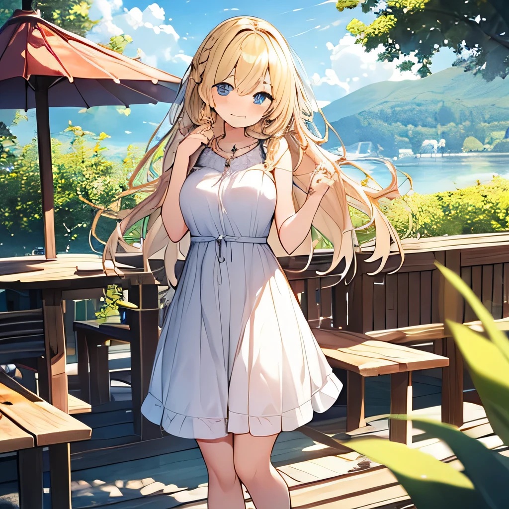 Tabletop, highest quality,shape, wallpaper, Very detailed, Absurd beauty、1 beautiful girl、 (Long Hair、Braided hair、blonde、Ample breasts) , Hair blowing in the wind、Keep your head small、White dress、Wearing heeled sandals、Lakeside、great outdoors、Fresh greenery、A big smile