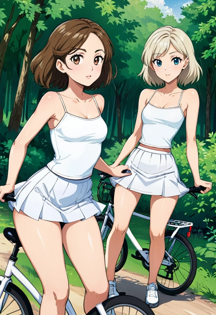 two women riding bikes in a wooded area, shutterstock, wearing white camisole, white miniskirt, stock photo, outdoor photo