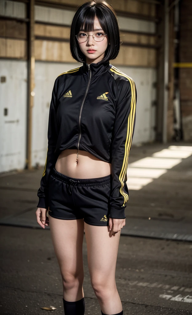 realistic, 1girl, black eye glasses, standing, dark abandoned warehouse backgroud, black silky bob hair, hair bangs, tight and fitted yellow tracksuit, cleavage, big bust, tummies, bellybutton, black fitted shorts, tights, knees, one hand holding handgun, fitted outfit