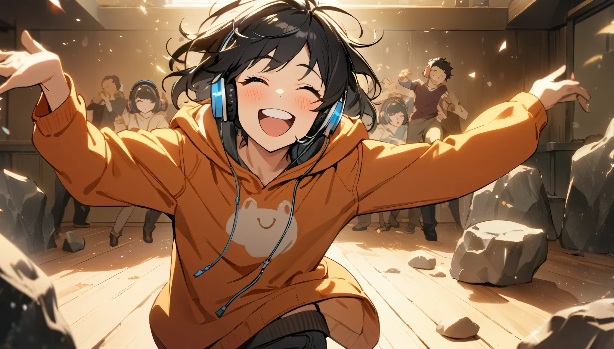 1Boy, Headphones, Music, ((Dancing)), ((Black Hair)), Hood, Rock, ((Excited)), ((Smile)), ((Close Eyes)), Room, Comfy, Masterpiece, Best Quality, 4K