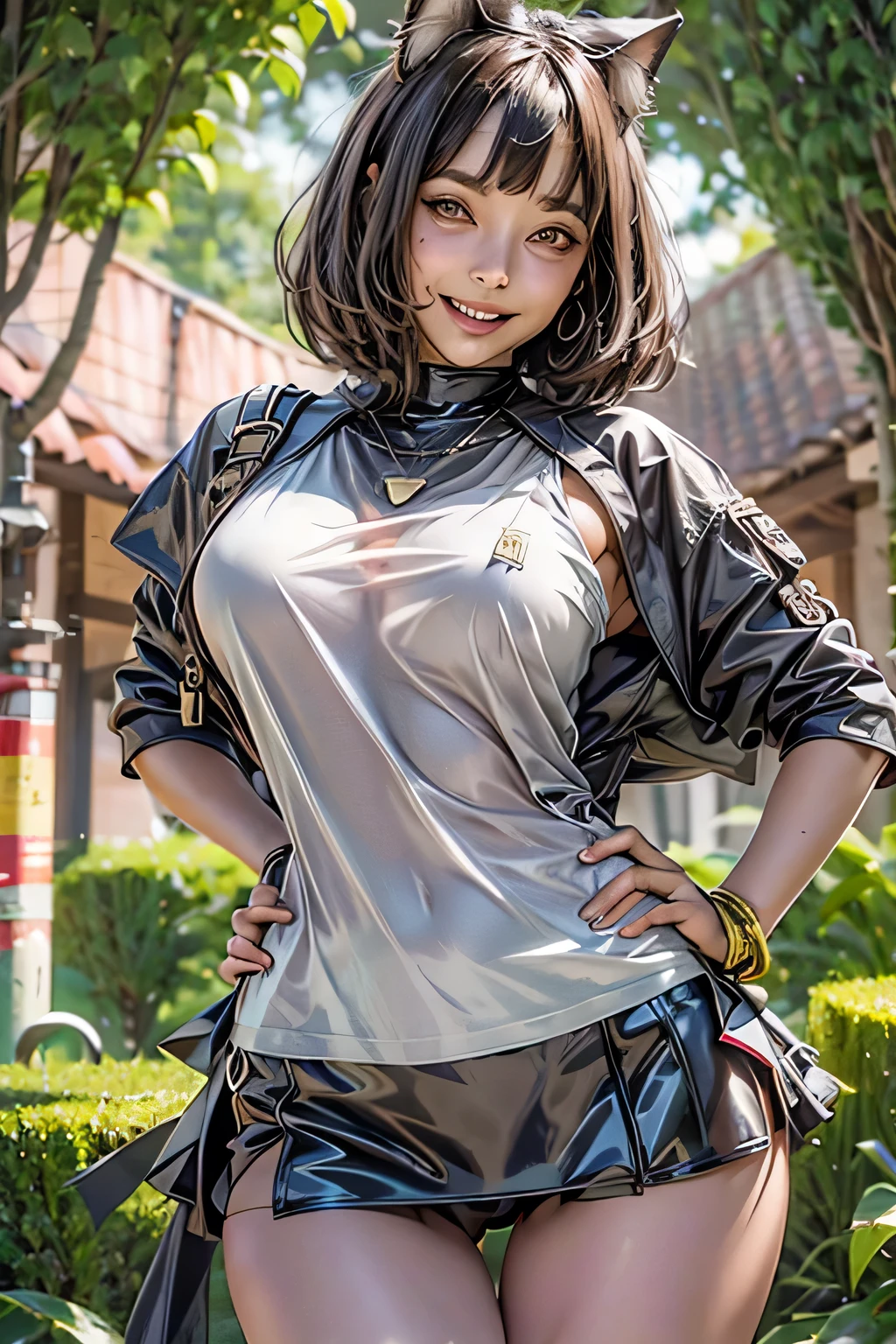 (8k, RAW Photos, highest quality, masterpiece, Realistic, Realistic), (1 female), (Ultimate beauty), Highly detailed face, (Perfect Teeth), Beautiful Eyes, double eyelid, eyelash, smile, Lip details, Brunette Bob, The light shines on your face, Big Breasts, ((T-Shirts)), (Tight mini skirt), (background: garden), ((Written boundary depth))