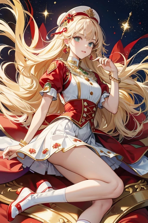 Alisa wears a traditional Russian sarafan, which is red with white and gold stripes along the bottom while an elaborate blue and gold pattern runs vertically the length of the front, over a white short-sleeved shirt. She also wears red shoes over white socks and has yellow, green and white beaded bracelets on her wrists. Once again, her hair is adorned with flowers. SPARKLE; GLITTER