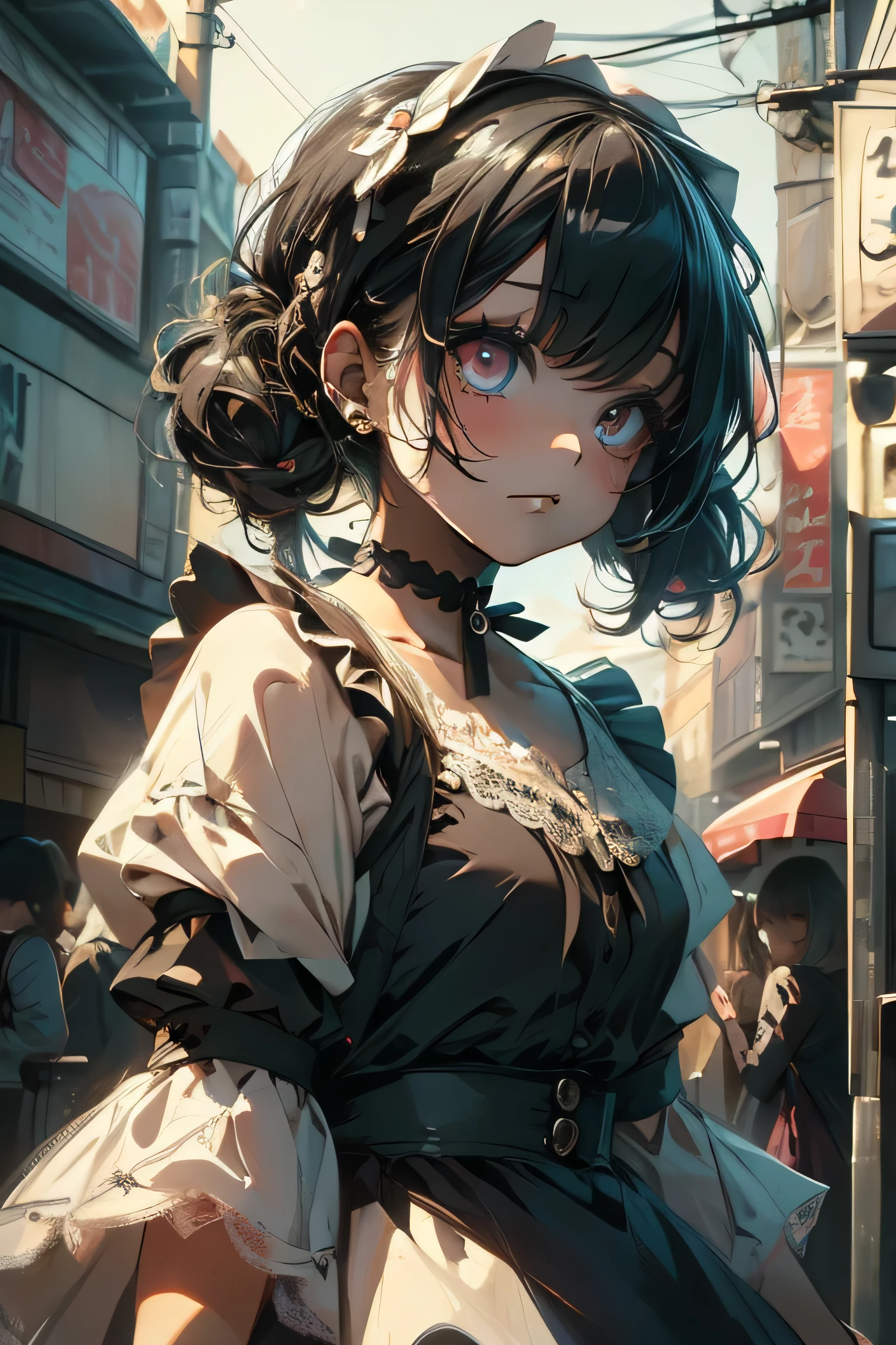 (masterpiece:1.2), (highest quality:1.2), Perfect Eyes, Perfect Face, Perfect lighting, One girl,bob, Complicated hairstyle, compensate, Black Lips, Thick eyelashes, sad, melancholy, Dressed as a goth girl, Black and white dress, Frills, ribbon, Puffy sleeves, Exposing shoulders, Lace choker, Beautiful Landscape,skirt lift,from below,Blonde Hair,Assault rifle,doll,doll,doll,(looking up)