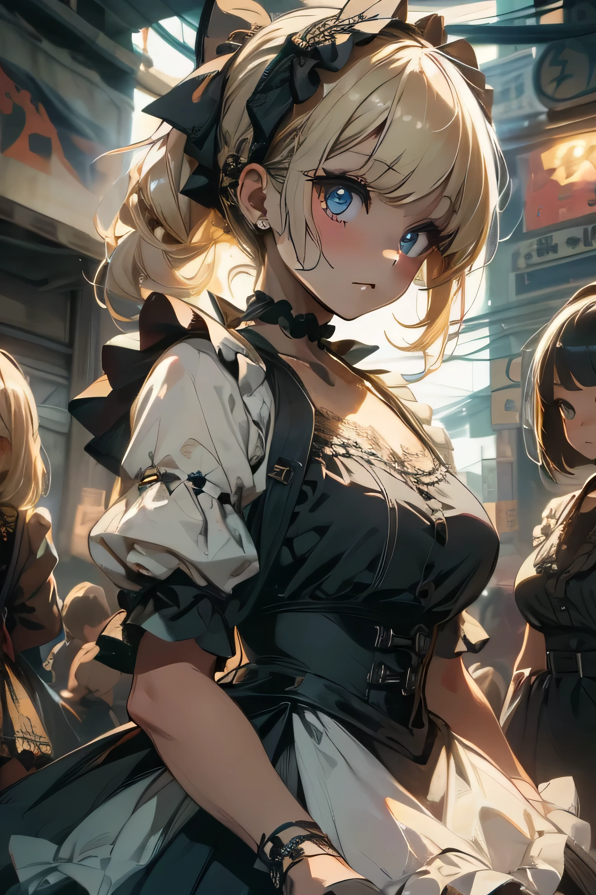 (masterpiece:1.2), (highest quality:1.2), Perfect Eyes, Perfect Face, Perfect lighting, One girl,bob, Complicated hairstyle, compensate, Black Lips, Thick eyelashes, sad, melancholy, Dressed as a goth girl, Black and white dress, Frills, ribbon, Puffy sleeves, Exposing shoulders, Lace choker, Beautiful Landscape,skirt lift,from below,Blonde Hair,Assault rifle,doll,doll,doll,(large breasts)