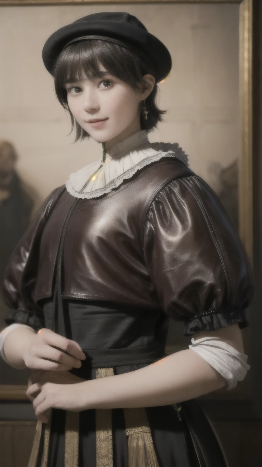 221 Short Hair, 20-year-old woman, A kind smile, (Luxurious stables), (Rembrandt-style painting), (Focus on the face, Written boundary depth)