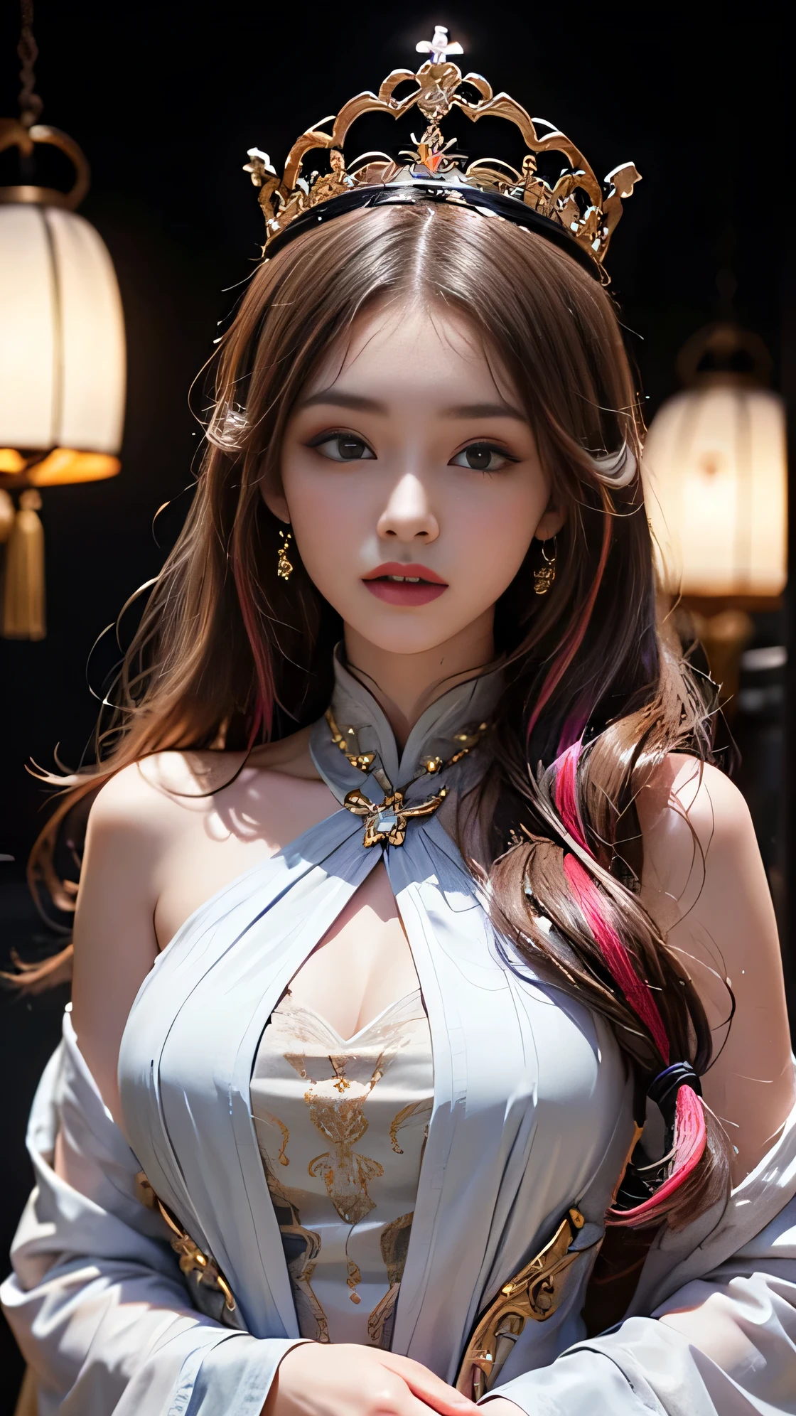 Portrait of a 21 year old saint,Charming adult saint in a long dress made of thin silk, beautiful saint with an old face, adult, She is wearing a bright pink colorful dress:1.5, beautiful face without blemishes, ((7 hair length colors:1.2)), big crown, hair brooch, Hanfu dress, Ancient Chinese style, Full-body jewelry, forehead tattoo, face tattoo,very big breasts, face, innocent face, The most beautiful and delicate light red lipstick, ((thin and plump lips:0.3)), ((golden eyes color:0.6)), Detailed and delicate lighting effects, Light and Darkness, dramatic lighting, magical lights, highly detailed lighting, natural color, very sharp, realistic, 8K quality, Fantasy space setting, A space of saints and magic, The most detailed images, ((alone:0.3)), ((to the saints:0.6)), ((Staring straight at saint'upper body:0.4)), ((soft skin:0.5)), ((saint'veil:0.6)),Tattoo , Face tattoo,Oiran , clothes made of jewels , Cherry Blossom , 🌸 , breast exposure, Tattoo on the back, back, butt exposure, Lift up your skirt, Nasty facial expressions, Nasty posture