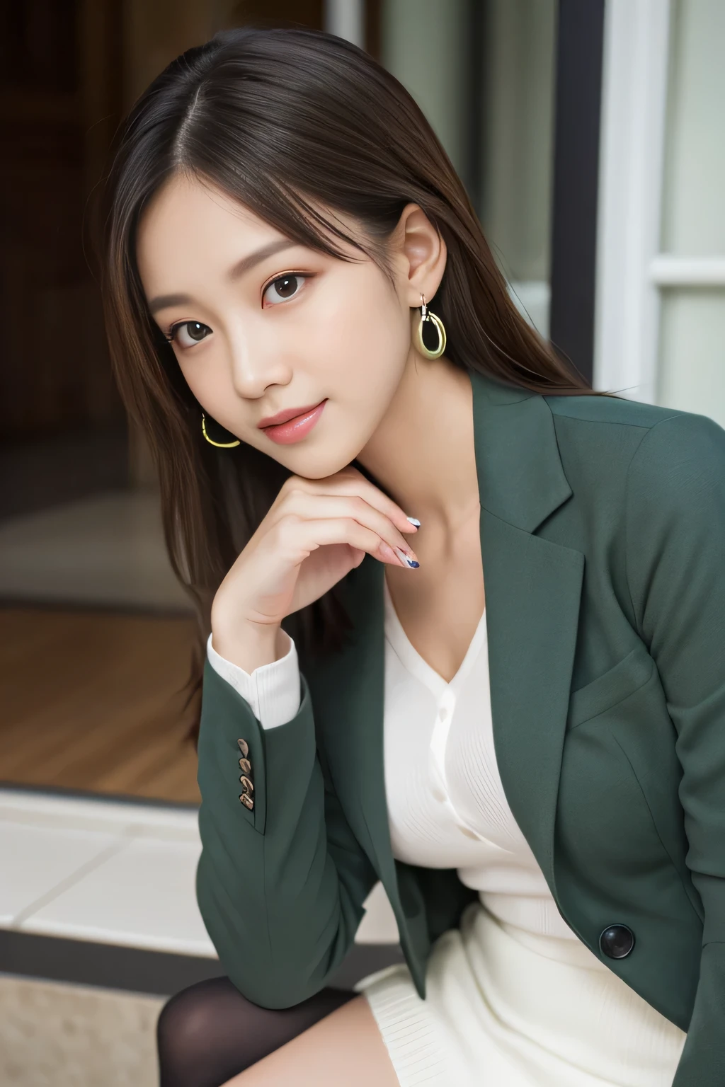 (1 female), beautiful, Great face and eyes, Compensate, (Very detailedbeautiful顔), Captivating smile, (highest quality:1.4), (Very detailed), (very detailed CG synthesis 8k wallpaper), Very detailed, RAW Photos, Professional photography, (Dark green suit, White mini skirt:1.2), (A business shirt with a wide open chest), length, light brown, Messy Hair、Big earrings、Close-up、