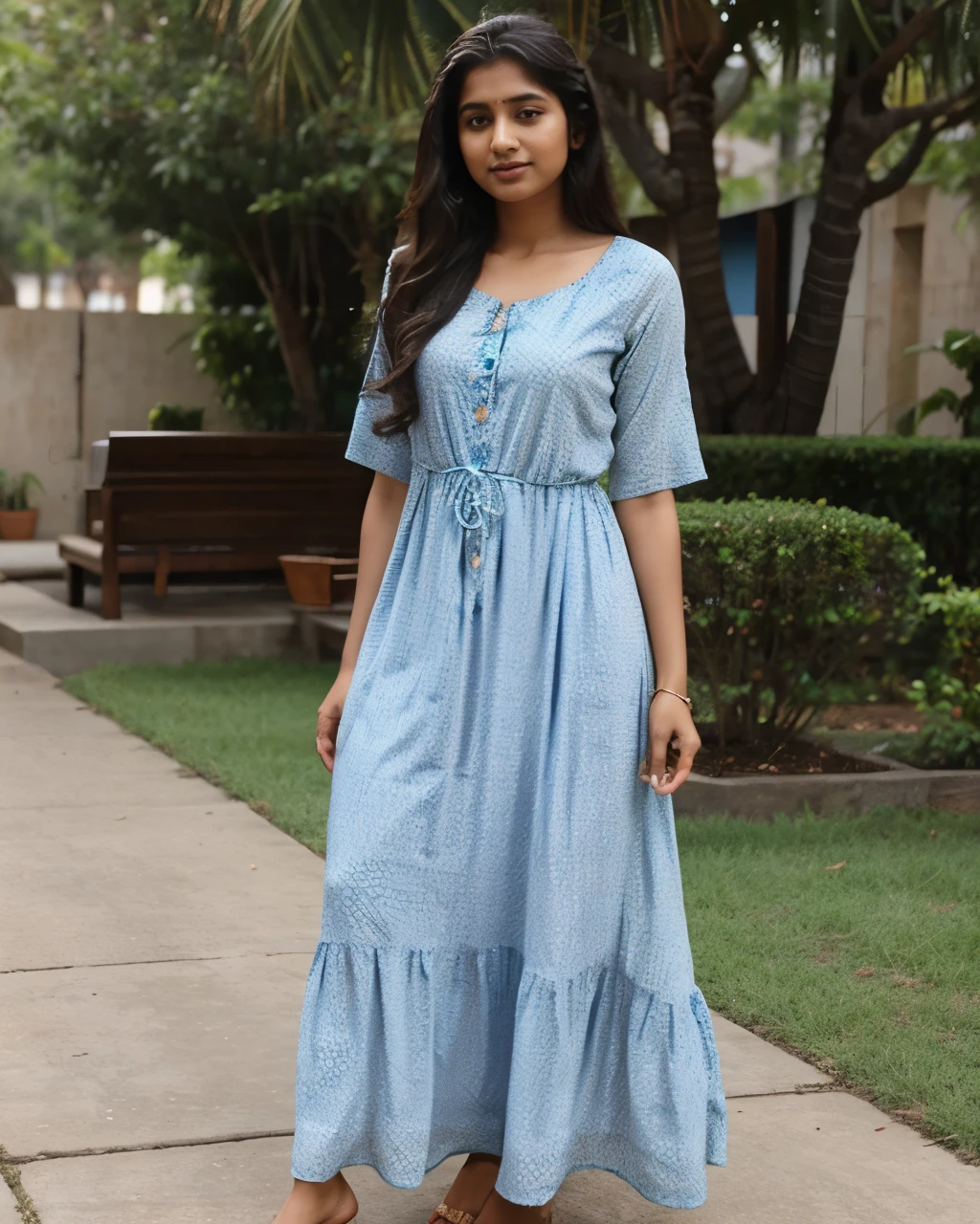 Tanvi in a flowy maxi dress with ethnic prints. Realistic, best quality image.