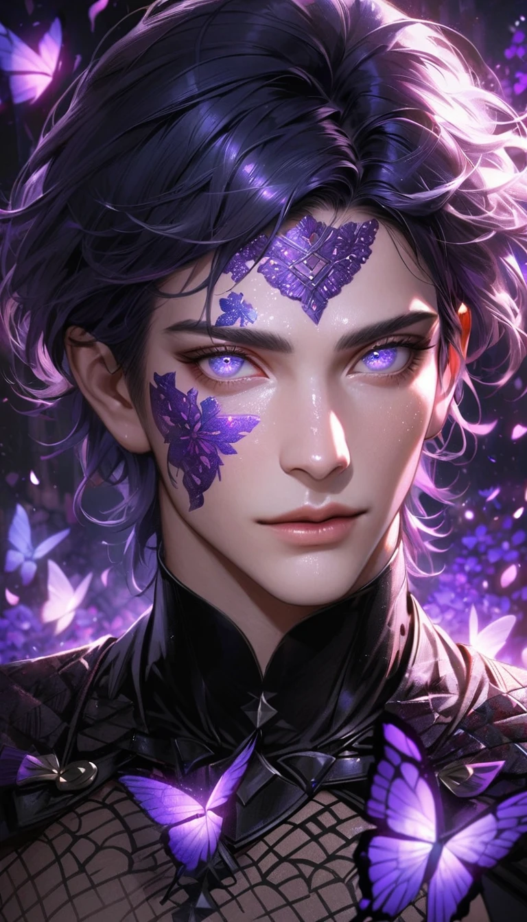 Ultra detailed, Highres, absurdres, Byleth, dark blue hair, short hair, expressive blue eyes, black clothes with patterns, Fire Emblem three houses, purple flowers, petals, extremely handsome, sexy man, solo, very detailed eyes and face, purple butterflies, black tight t-shirt, realistic face, purple eyes, glittering, purple ice,