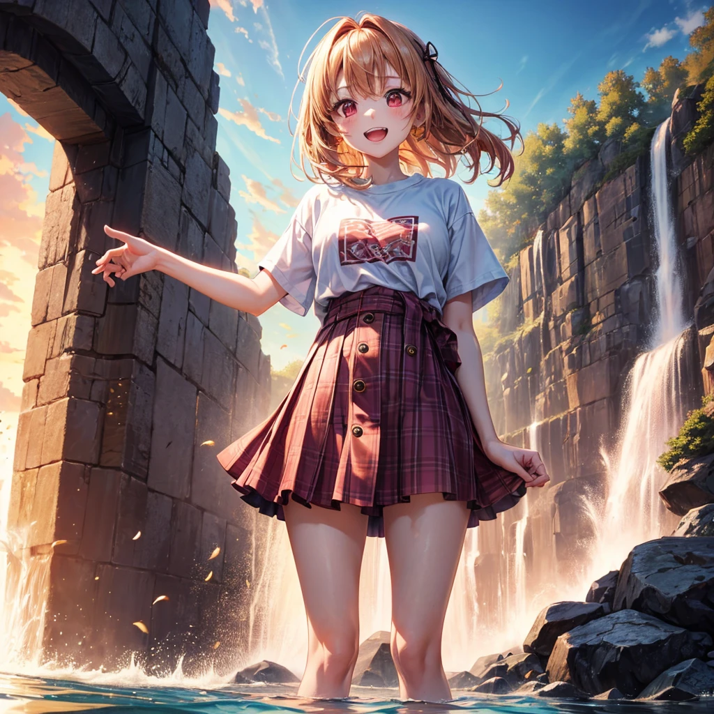 Pink gold golden hair、Red eyes、One good looking girl、solo、anime、Checkered mini skirt、The skirt has buttons、White T-shirt、Wearing a ribbon、Ribbon on waist、Tilting face、Teeth are visible、waterfall、waterfallの裏側、tunnel、Sunset sky、