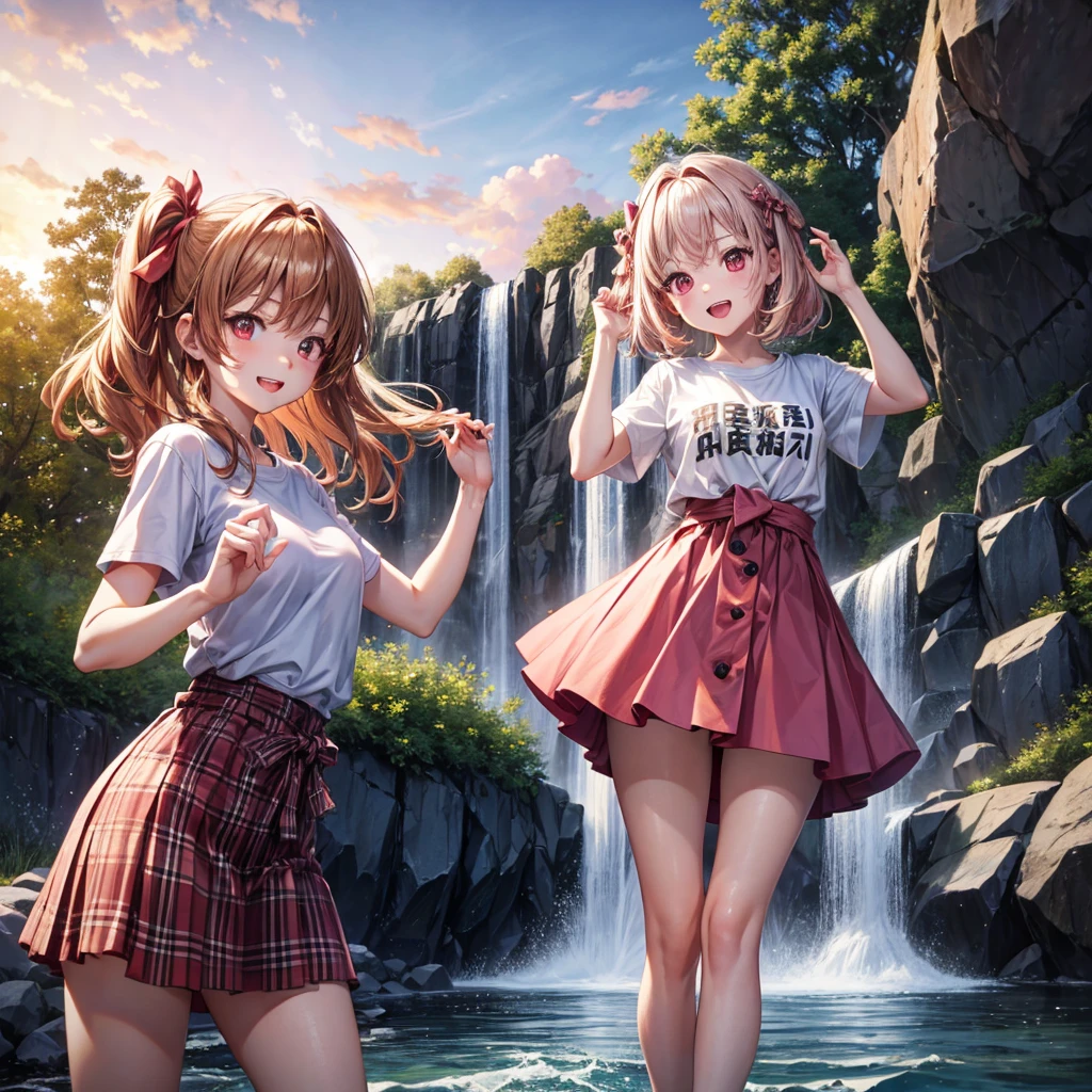 Pink gold golden hair、Red eyes、One good looking girl、solo、anime、Checkered mini skirt、The skirt has buttons、White T-shirt、Wearing a ribbon、Ribbon on waist、Tilting face、Teeth are visible、waterfall、waterfallの裏側、tunnel、Sunset sky、