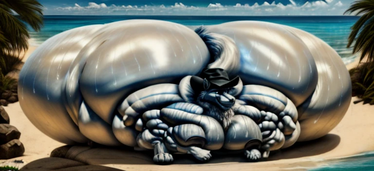 4k, high resolution, best quality, perfect lightning, perfect, solo, anthro, young, boy,white wolf:2.0, furry body, (fluffy mane:1.2), fluffy tail, male, adult, (bulky2:0, thick muscles2:0, huge muscles:2.0, hyper muscles:2.0), (thick biceps, veiny biceps, broad shoulders:2.0), (thick legs, thick calves:1.1), (digitigrade legs, 4 toes:1.2), perfect colors, (photorealistic fur, detailed fur, epic, masterpiece), (suggestive posing:1.2), (seductive smile, lustful grin 1.3), detailed beach,detailed wolf eyes:2.0, by k0suna, by darkgem,nipple ring,hyper arms:2.0,veins,white body,white fur,hyper butt:2.0,hyper paws:2.0,standing,thick legs,thick butts:2.0,sweat body:2.0,massive butt:2.0,black hat,hyper ass:2.0,huge ass,long legs,juicy butt:2.0,butt like a wide wall:1.5,fat butt