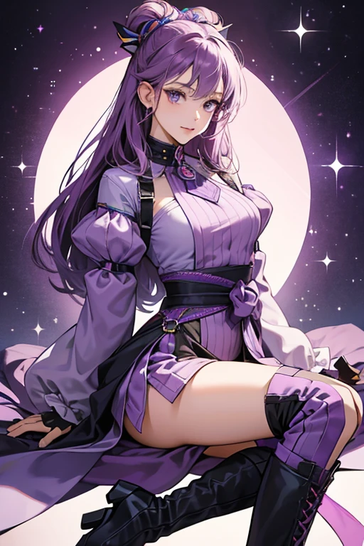 she wears a very revealing outfit colored in two shades of purple; she has a heart-shaped top, fastened with black cords, covering her breasts while a long purple sash circles her waist and hangs down to ankle length, leaving her underwear exposed. She also wears black thigh-length boots, while her arms are covered by long purple sleeves. She also wears fingerless gloves and a collar around her neck, both in the same purple color scheme. While wearing this outfit, Alisa's hair is fashioned into two tall cones. SPARKLE; GLITTER