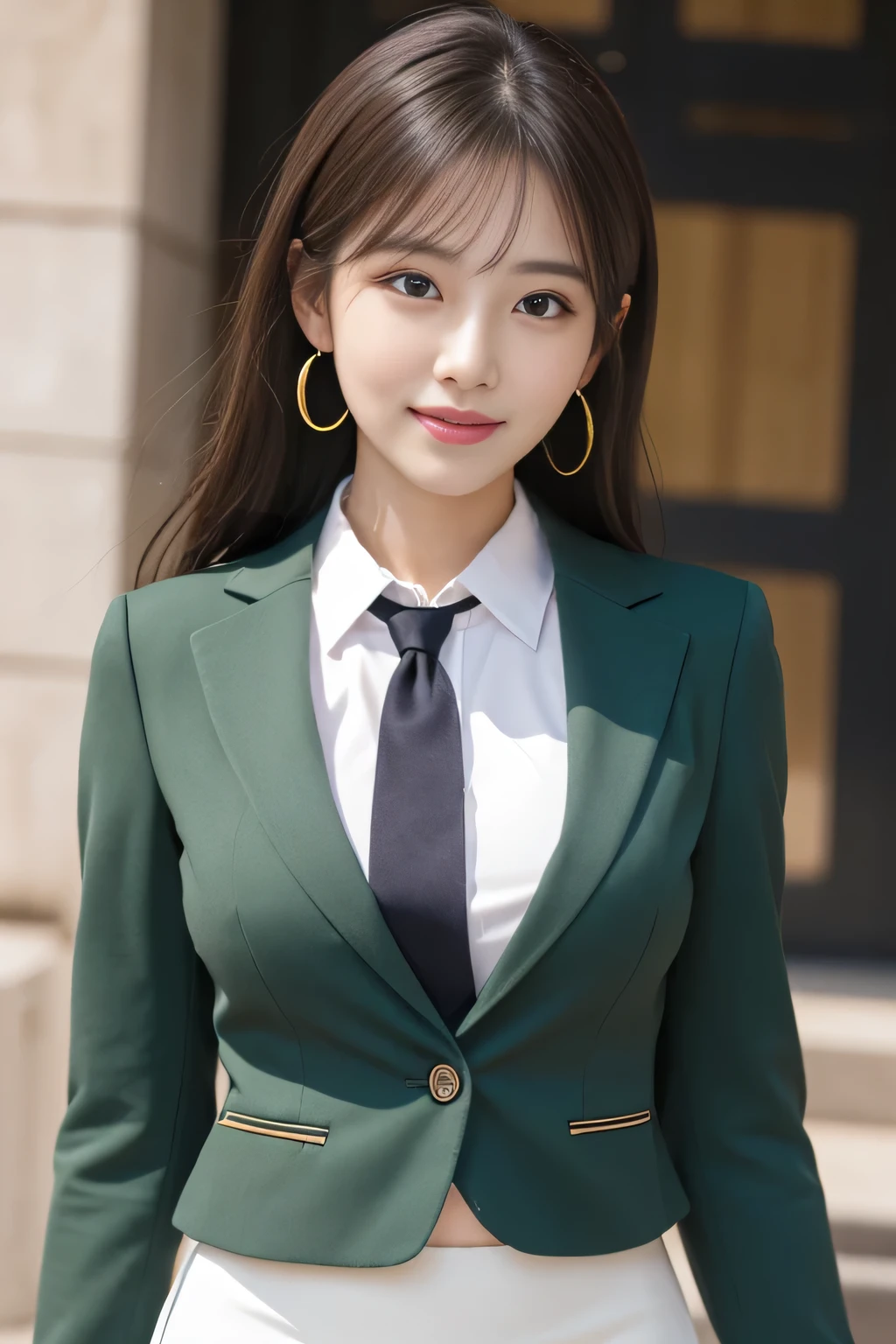 (1 female), beautiful, Great face and eyes, Compensate, (Very detailedbeautiful顔), Captivating smile, (highest quality:1.4), (Very detailed), (very detailed CG synthesis 8k wallpaper), Very detailed, RAW Photos, Professional photography, (Dark green suit, White mini skirt:1.2), (A business shirt with a wide open chest), length, light brown, Messy Hair、Big earrings、Close-up、