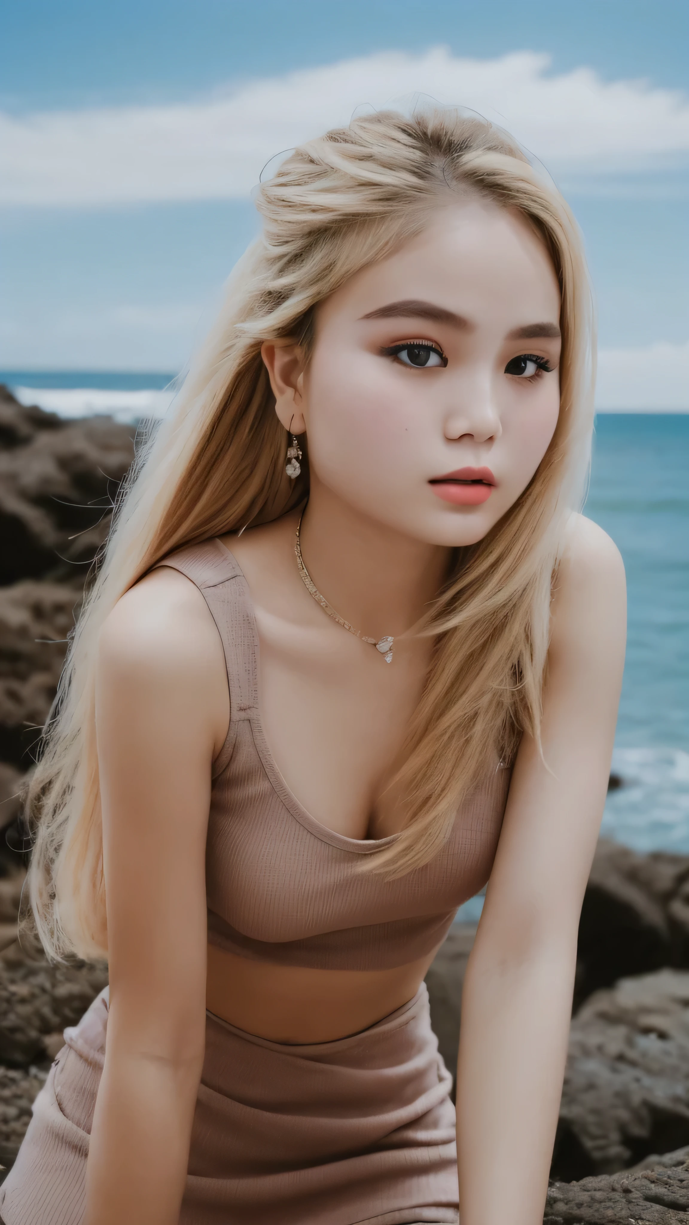 1 girl, alone, looking at the viewer, blonde long hair, camisole, mini skirt, brown eyes, Upper body, Coastal rocky background, big , lips, realistic, a konigsreuter、masterpiece, 最high quality, high quality, High resolution,