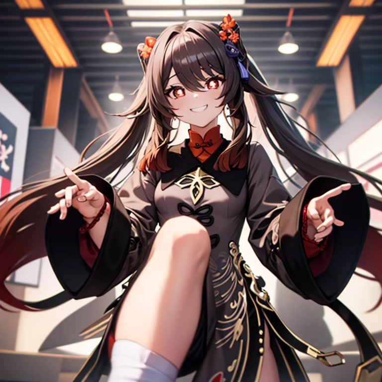 (highest quality), (masterpiece), ((beautiful:0.75) pretty girl:0.75), [Clear and clean] Pixiv (figure), (Hu Tao/(Genshin Impact/)), Red eyes, Flower-like pupils, Have, Long brown hair, bangs, Twin tails, Chinese clothing, Black shorts, Wide sleeves, Grin, Light blue dress, View, Smile at me, kind, sympathy, beautiful, He loves me wholeheartedly