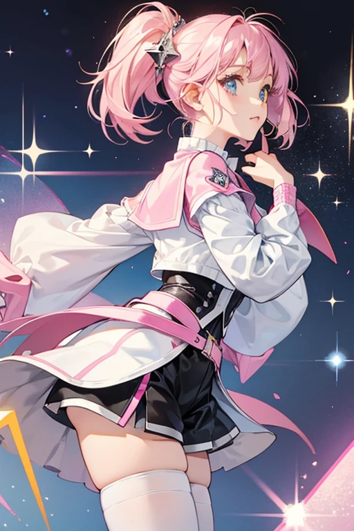 Her shorts are now white, her sleeves, stockings, and the left side of her top are now gray, and the right side of her top is now pink. Her accessories remain unchanged. SPARKLE; GLITTER