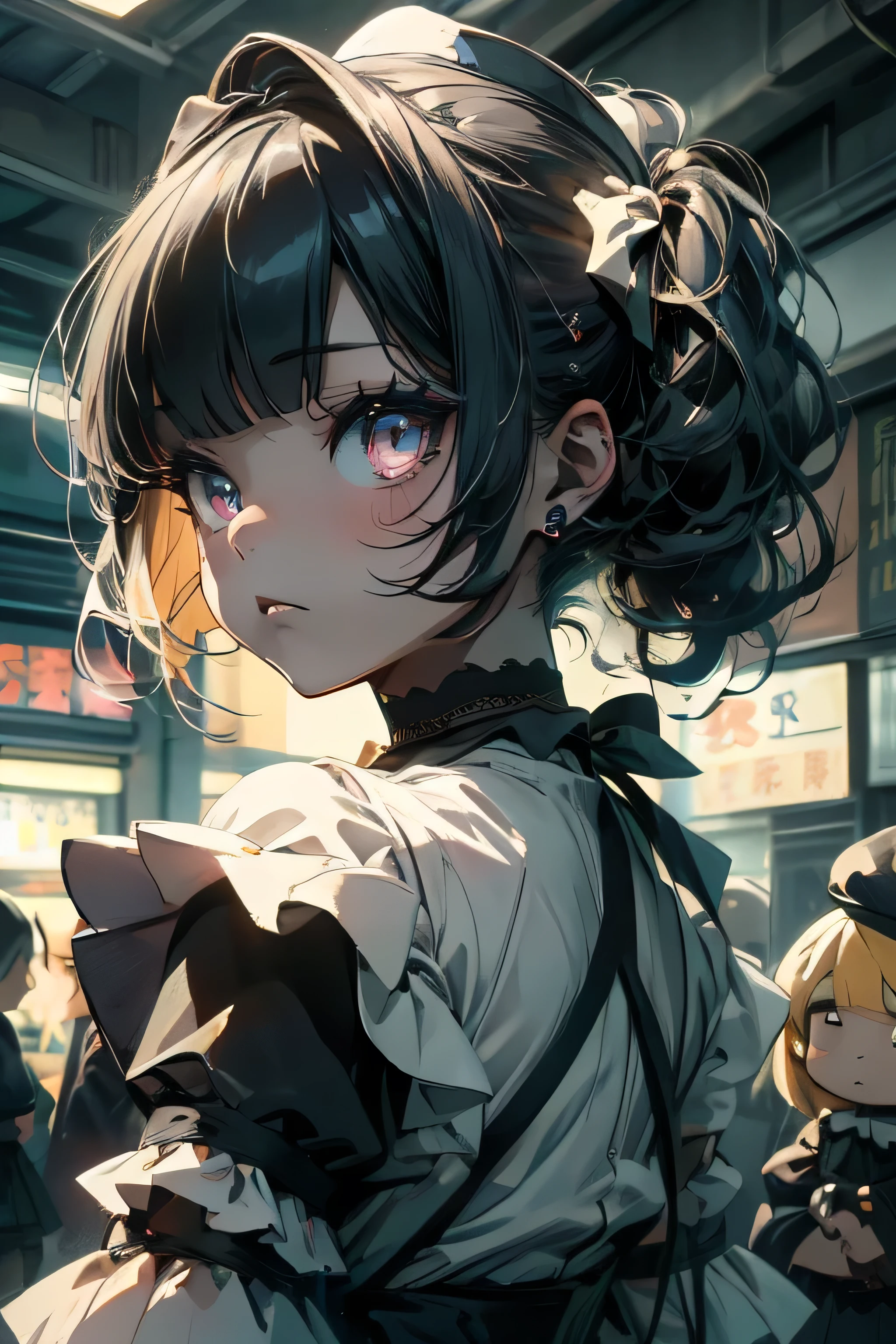 (masterpiece:1.2), (highest quality:1.2), Perfect Eyes, Perfect Face, Perfect lighting, One girl,bob, Complicated hairstyle, compensate, Black Lips, Thick eyelashes, sad, melancholy, Dressed as a goth girl, Black and white dress, Frills, ribbon, Puffy sleeves, Exposing shoulders, Lace choker, Beautiful Landscape,skirt lift,from below,Blonde Hair,Assault rifle,doll,doll,doll,(large breasts)，arms behind back