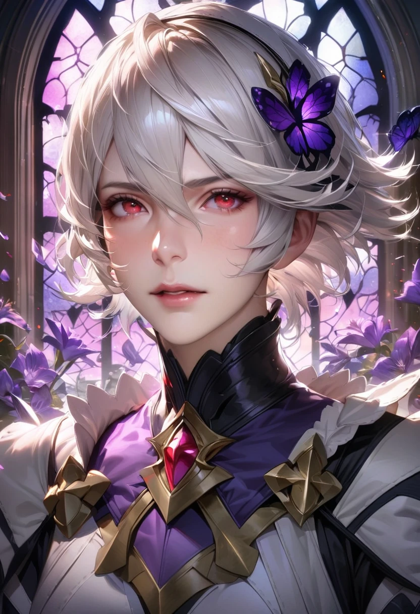 absurdres, highres, ultra detailed, HDR, master piece, best quality, realistic face, Corrin, white hair, short hair, expressive red eyes, Fire Emblem Fates, solo, man, handsome, glass stained window, purple shining butterflies, purple lilies, purple petals