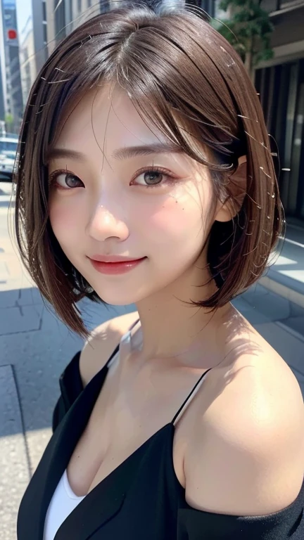 (((Close-up of face)))、(((Absolutely shoulder-length brown straight short bob)))、(((She is posing like a model in a hair salon with an office district in the background.)))、(((Wearing a business suit, which is popular among Japanese women)))、Half Japanese, half Korean、18 year old girl、Standing Alone、Looking forward、Light eye makeup、Brown Hair Color、Flat and 、Hair blowing in the wind、Actress Quality、Glossy, ultra-realistic face、Smiling face、Watery eyes、Gazing Up、Subtle lighting effects、 Ultra-Realistic Capture、Very detailed、High resolution 16K close up of human skin。Skin texture must be natural、The details must be such that pores can be clearly seen、The skin is healthy、Uniform tone、Use natural light and colors、A worn-out, high-quality photo taken by a model agency's in-house photographer.、smile、(((SIGMA 300 mm F/1.4,1/1000 sec shutter,ISO 400)))