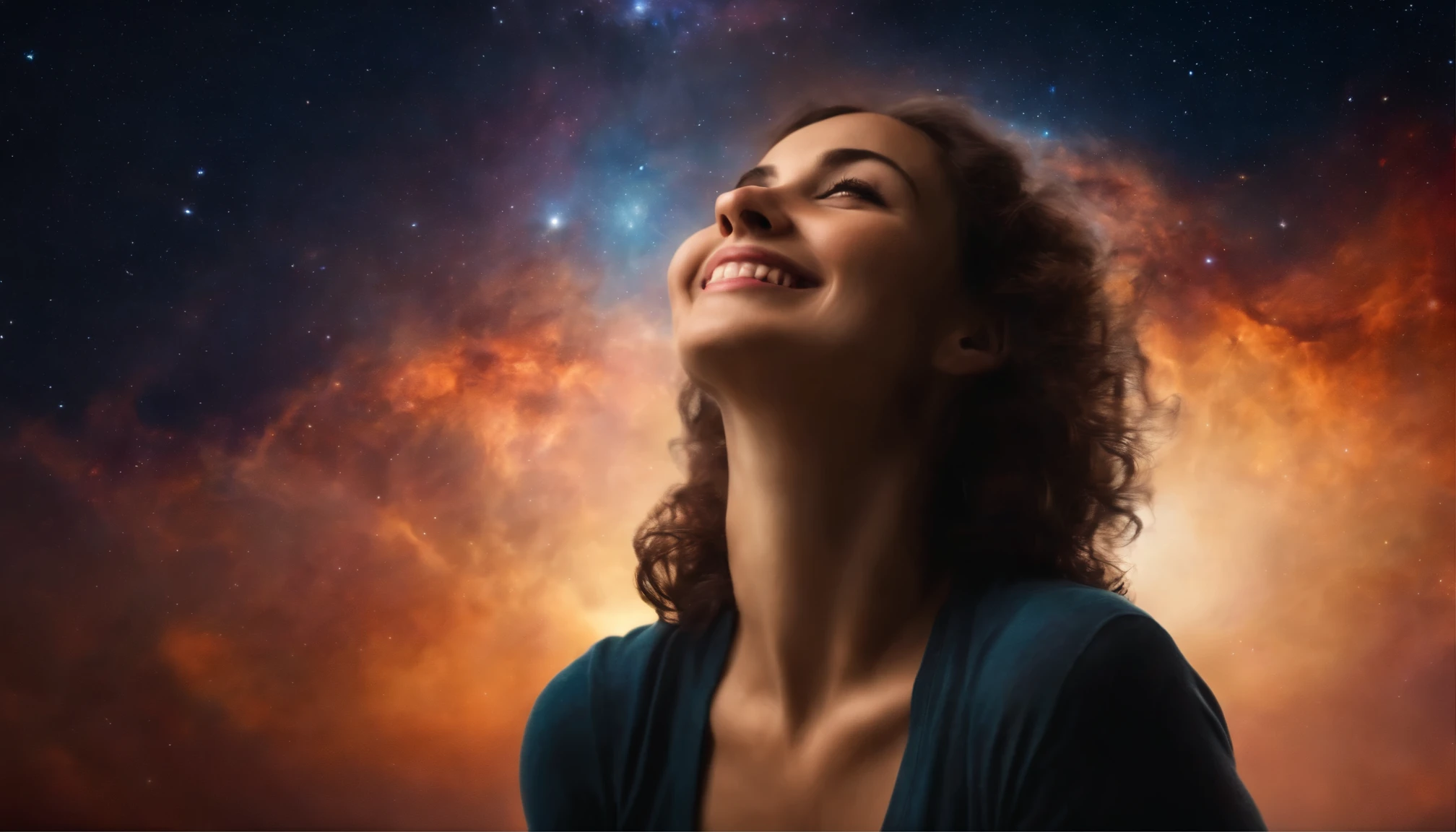 VERY HAPPY WOMAN LOOKING AT THE SKY with a stellar nebula behind her