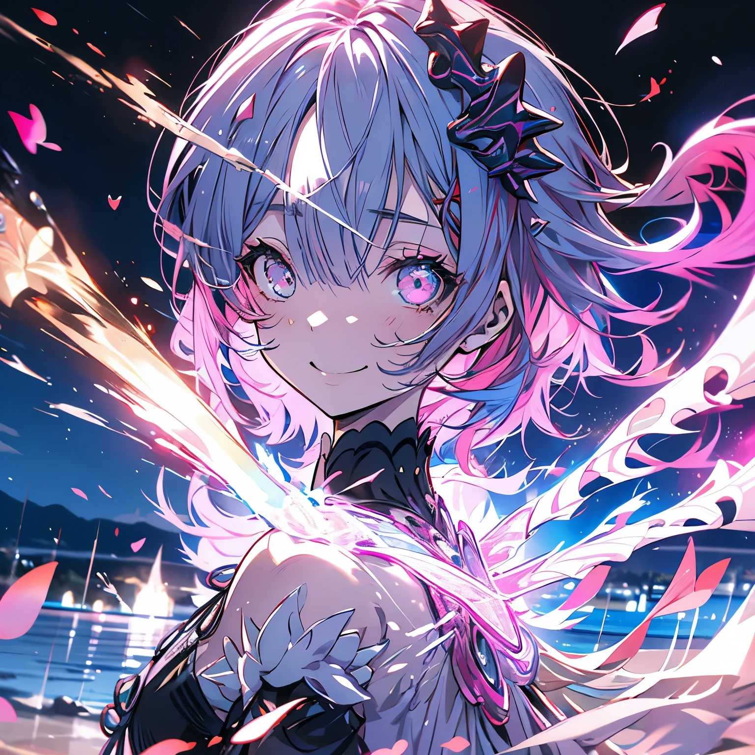 Masterpiece、Re:Zero、Rem、Pink Hair、Pink Eyes Smile、Ocean、night、full moon