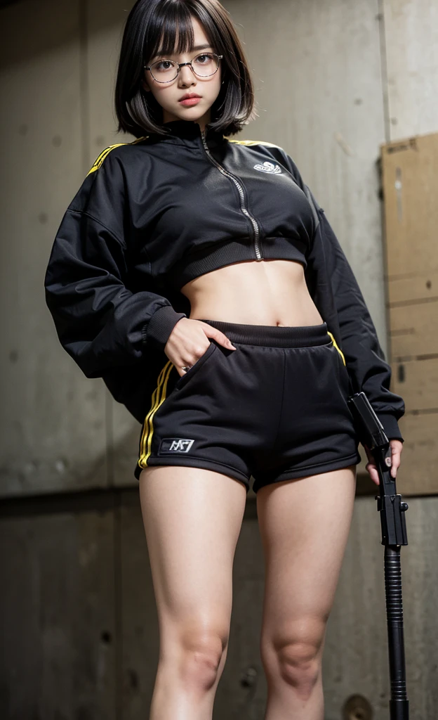 realistic, 1girl, black eye glasses, holding handgun, gun shooting pose, dark abandoned warehouse backgroud, black silky bob hair, hair bangs, tight and fitted yellow tracksuit, tracksuit half open, cleavage, big bust, tummies, bellybutton, black fitted shorts, tights, knees, handgun, fitted outfit