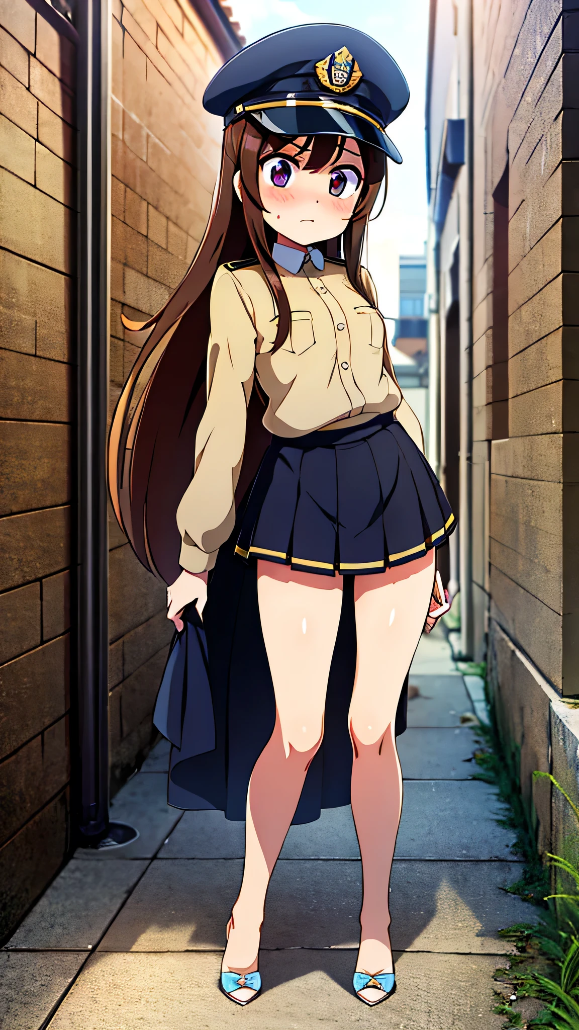 masterpiece、highest quality),Brown Hair,Long Hair,Two Girls,Are standing,Lean your body forward a little,Men are standing,Back Alley,A woman wearing a uniform cap,Woman in security uniform,Woman with an angry face,Blushing,Slender women, A woman wearing plain black pumps,Bare feet and pumps,Straight Skirt,Forehead