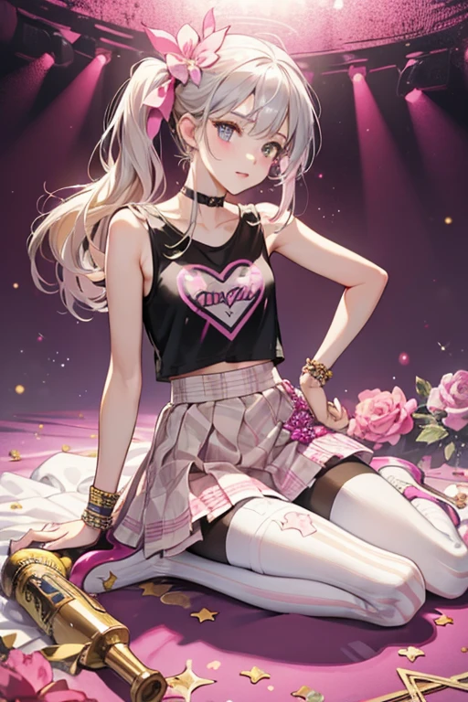 is a casual outfit consisting of a sleeveless, black, graphic tee shirt reading "Love In Blood" in gold on the front over paint spatter designs shaped into pink and purple flowers. With this she wears white arm warmers, a pink mini-skirt, beige diamond check patterned pantyhose, and pink pumps with silver bows and jeweled stripes along the toes. SPARKLE; GLITTER