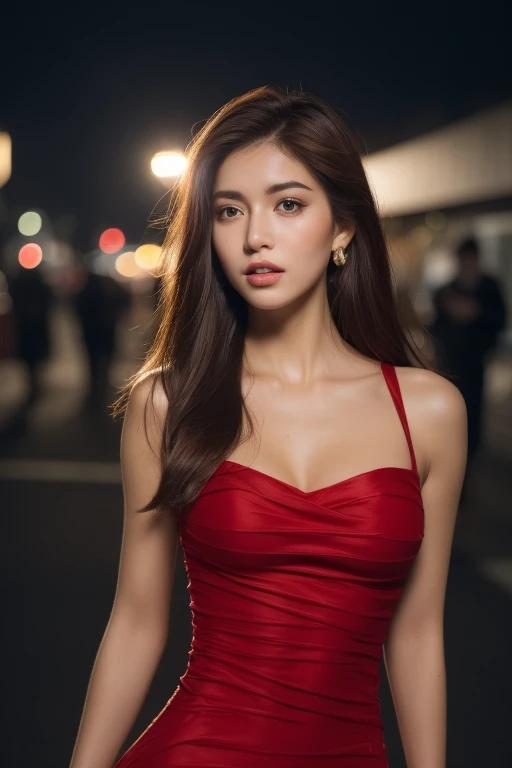 ((Realistic lighting, Best quality, 8K, Masterpiece: 1.3)), Clear focus: 1.2, 1girl, Perfect Figure: 1.4, Slim Abs: 1.1, ((Dark brown hair)), (red tight dress: 1.4), (Outdoor, Night: 1.1), City streets, Super fine face, Fine eyes, Double eyelids, golden ratio, big breasts, full body