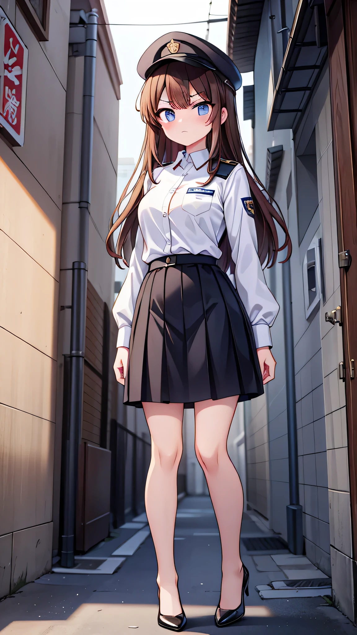 masterpiece、highest quality),Brown Hair,Long Hair,Two Girls,Are standing,Lean your body forward a little,Men are standing,Back Alley,A woman wearing a uniform cap,Woman in security uniform,Woman with an angry face,Blushing,Slender women, A woman wearing plain black pumps,Bare feet and pumps,Straight Skirt,Forehead