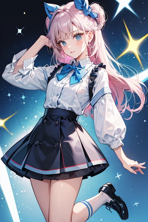 Alisa wears a white short sleeved shirt with the sleeves rolled up and a short checkered skirt, colored in shades of blue. She also wears blue knee length socks, black shoes and a red bow tie around her neck. This outfit is accessorized with a small wristwatch and her trademark flower hair ornamentation. SPARKLE; GLITTER